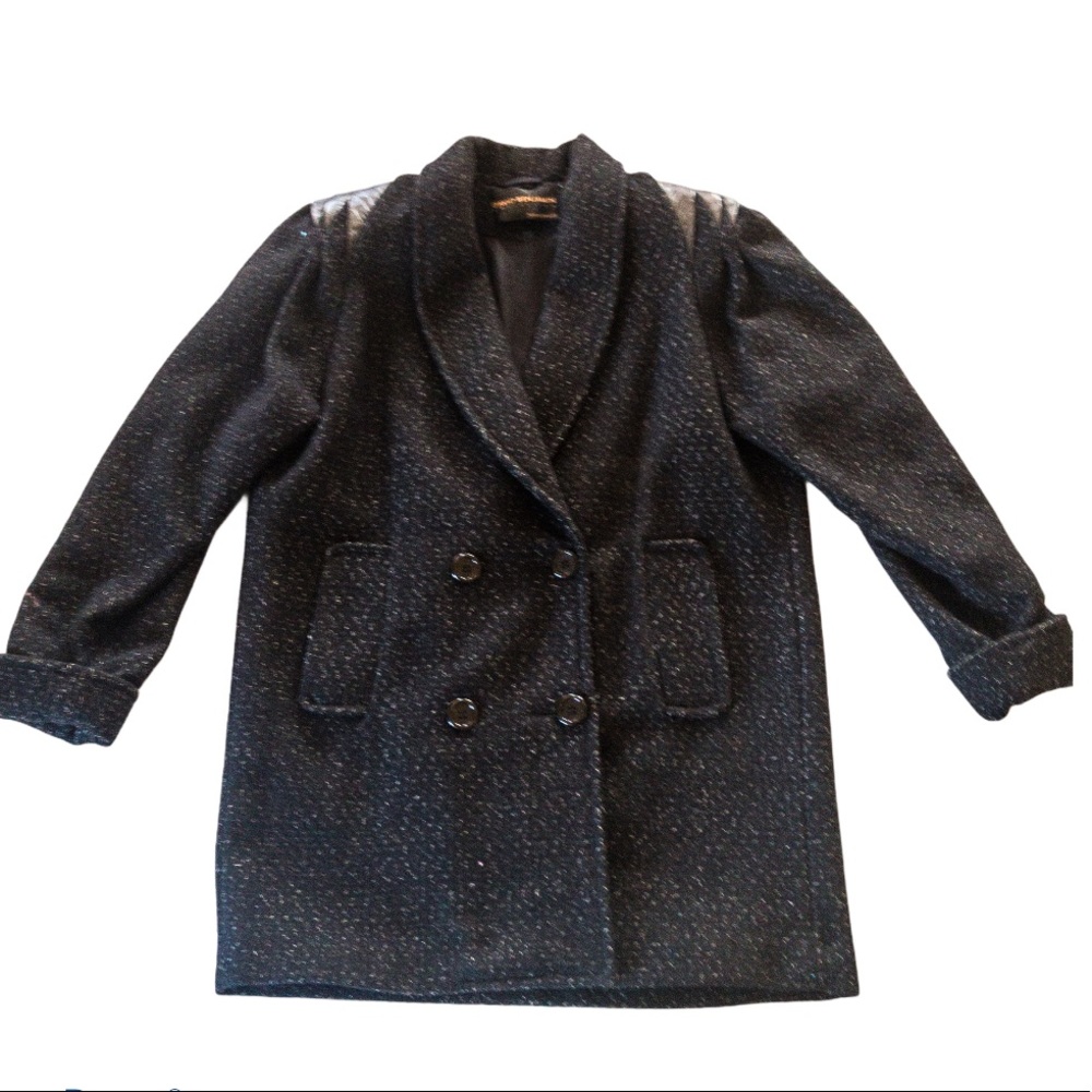 Vintage  80s David Benjamin double breasted wool coat leather shoulder  SZ M